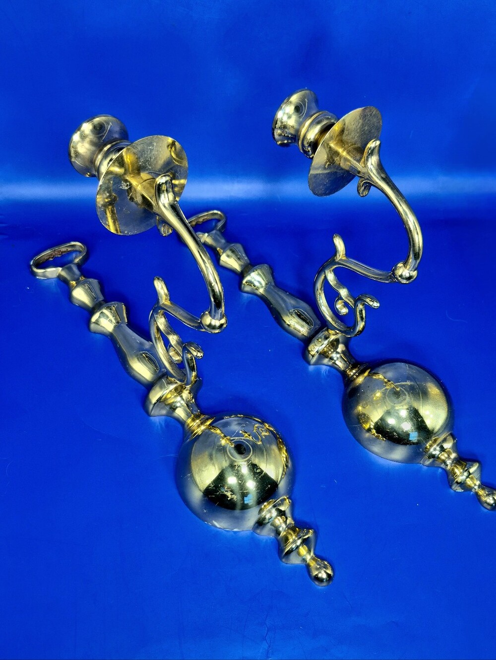 Vintage Solid Brass Wall Sconce Candle Holders - Pair 12.5" Traditional Colonial